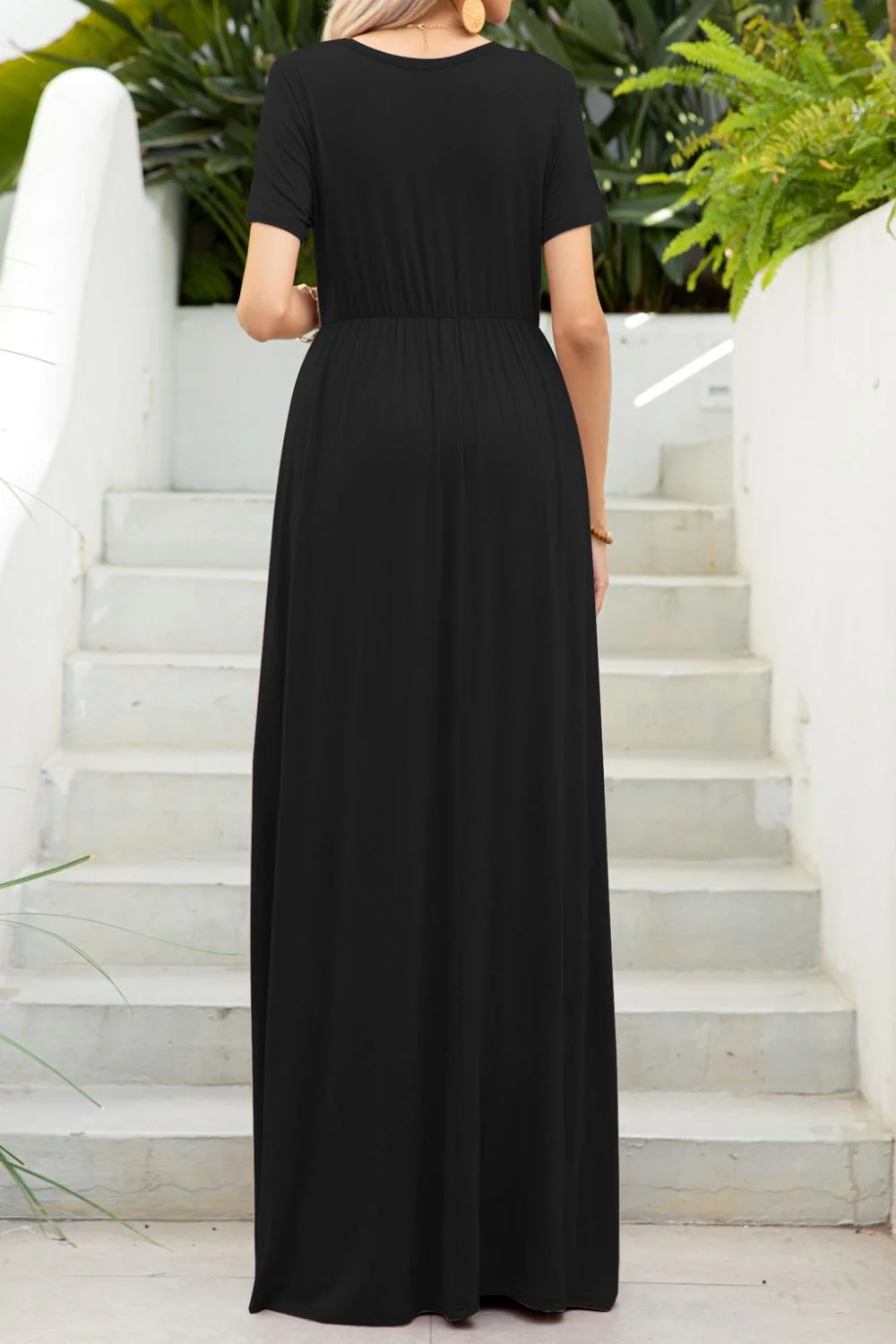 Round Neck Maxi Tee Dress with Pockets - Image 2