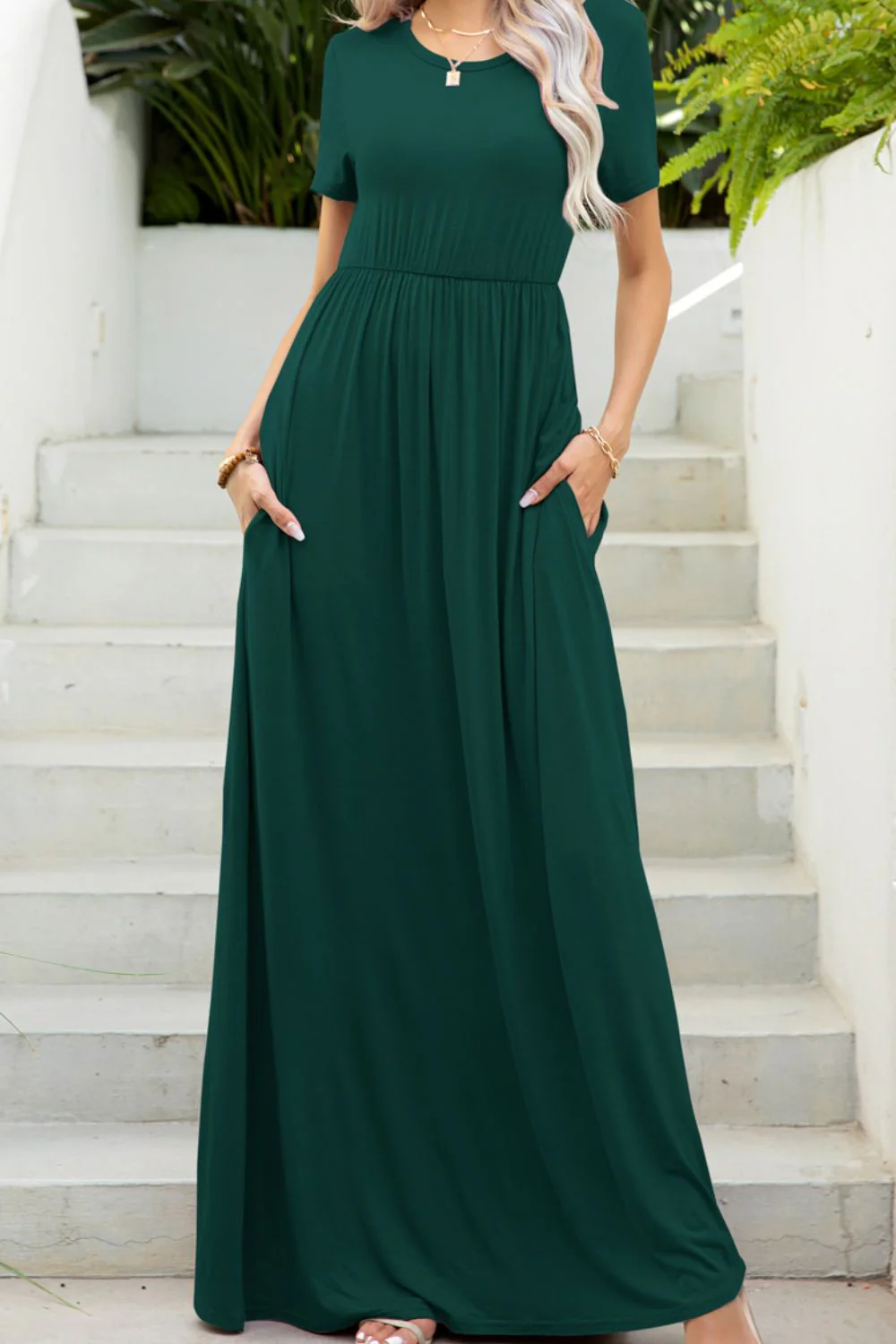 Round Neck Maxi Tee Dress with Pockets - Image 4