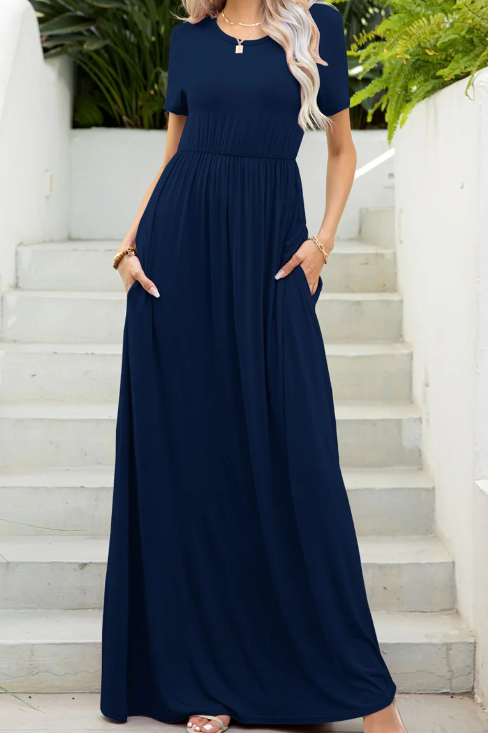 Round Neck Maxi Tee Dress with Pockets - Image 7