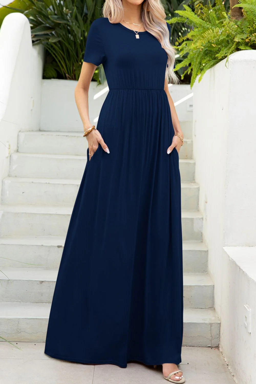 Round Neck Maxi Tee Dress with Pockets - Image 8