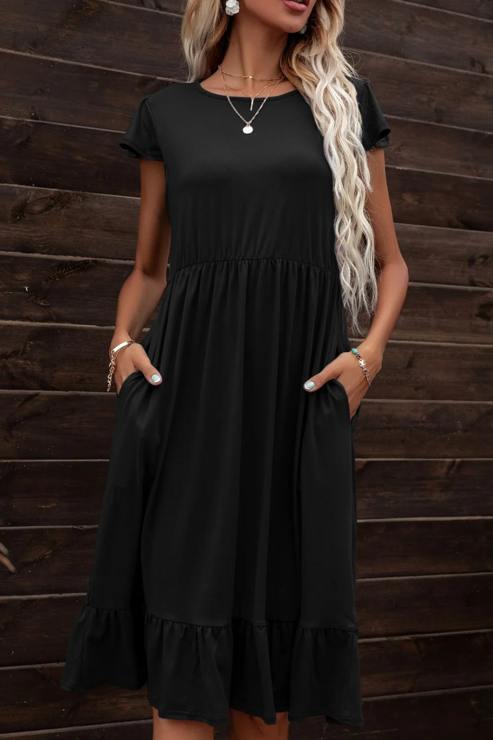 Round Neck Ruffle Hem Pocket Dress - Image 5