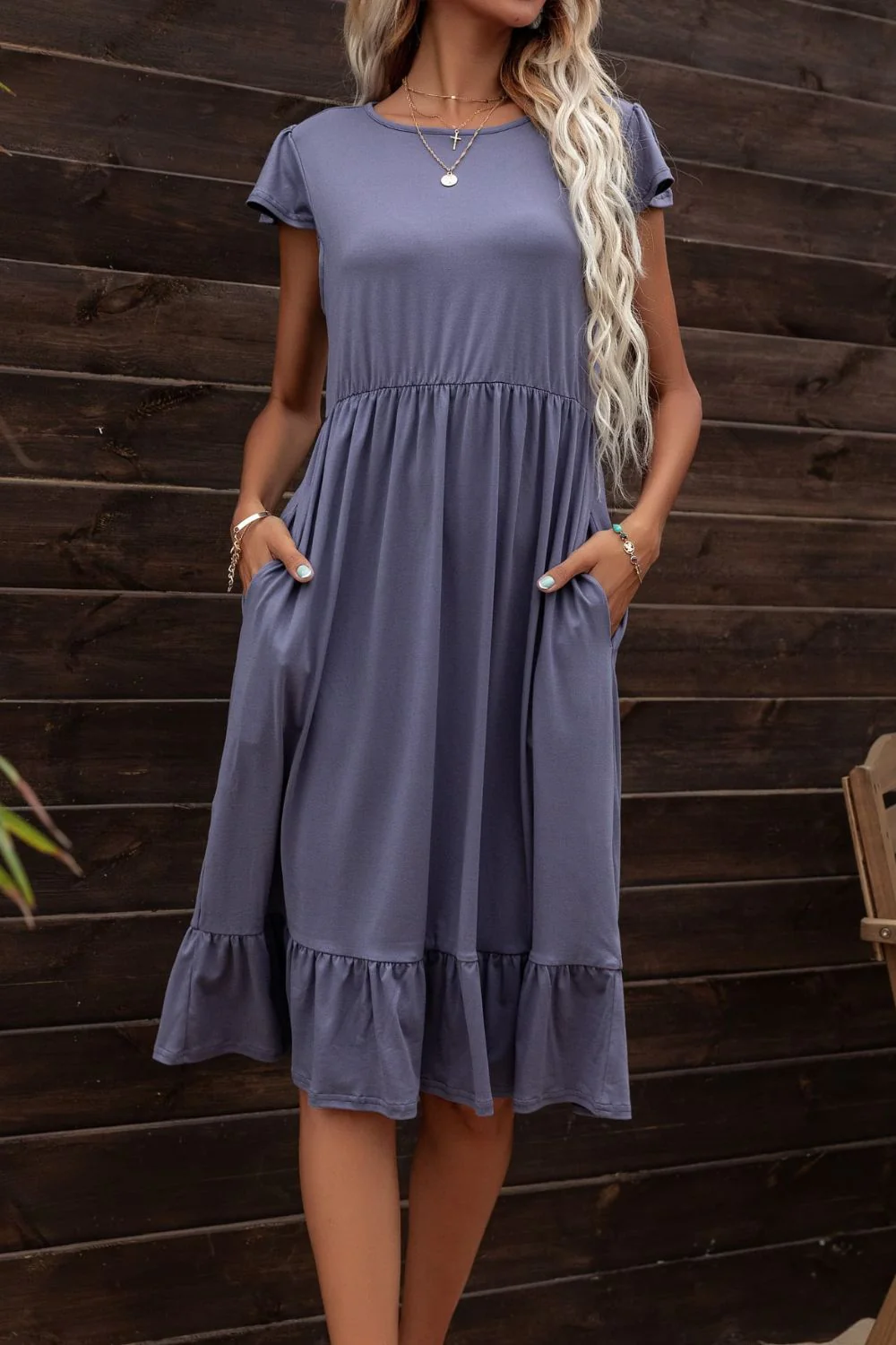 Round Neck Ruffle Hem Pocket Dress - Image 6