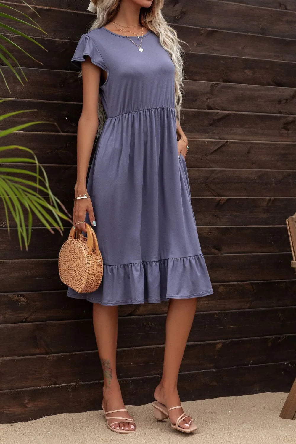 Round Neck Ruffle Hem Pocket Dress - Image 7