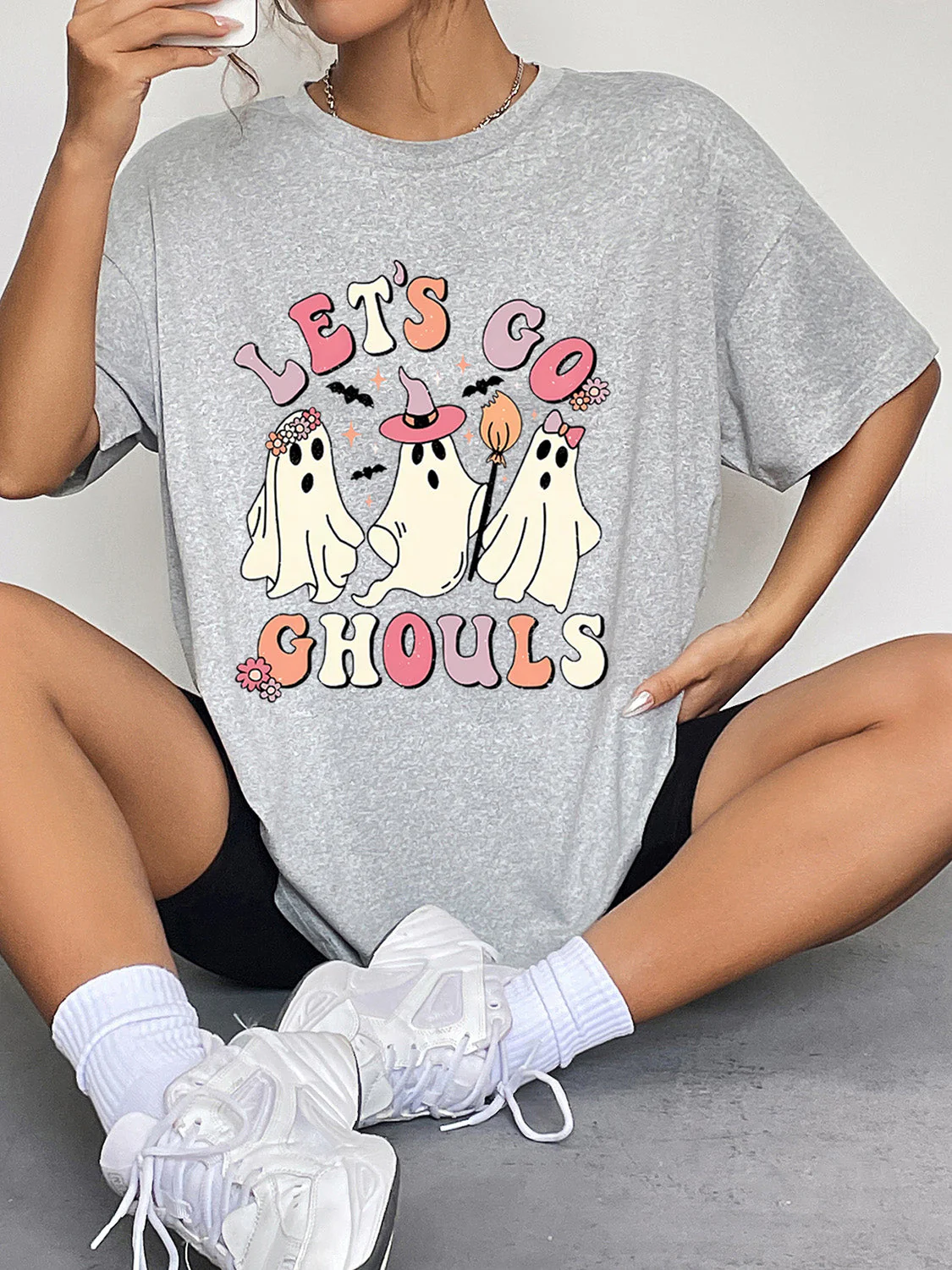 Round Neck Short Sleeve LET'S GO GHOULS Graphic T-Shirt - Image 7
