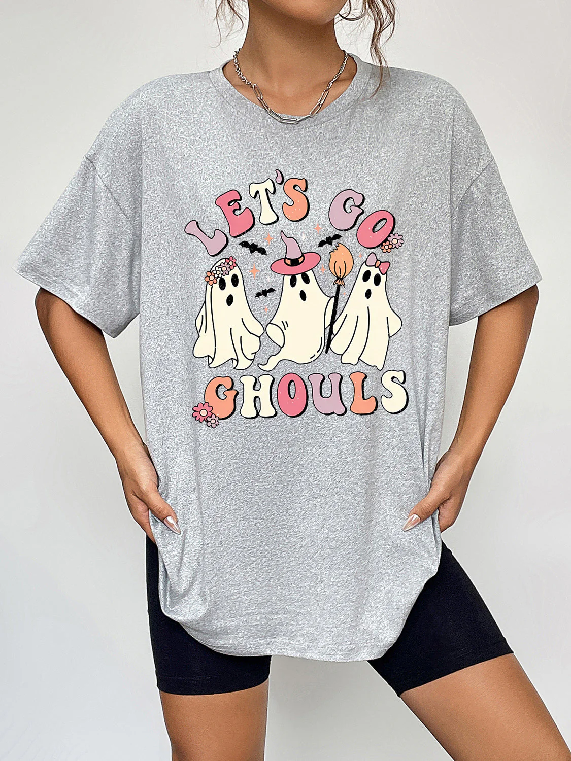 Round Neck Short Sleeve LET'S GO GHOULS Graphic T-Shirt - Image 8