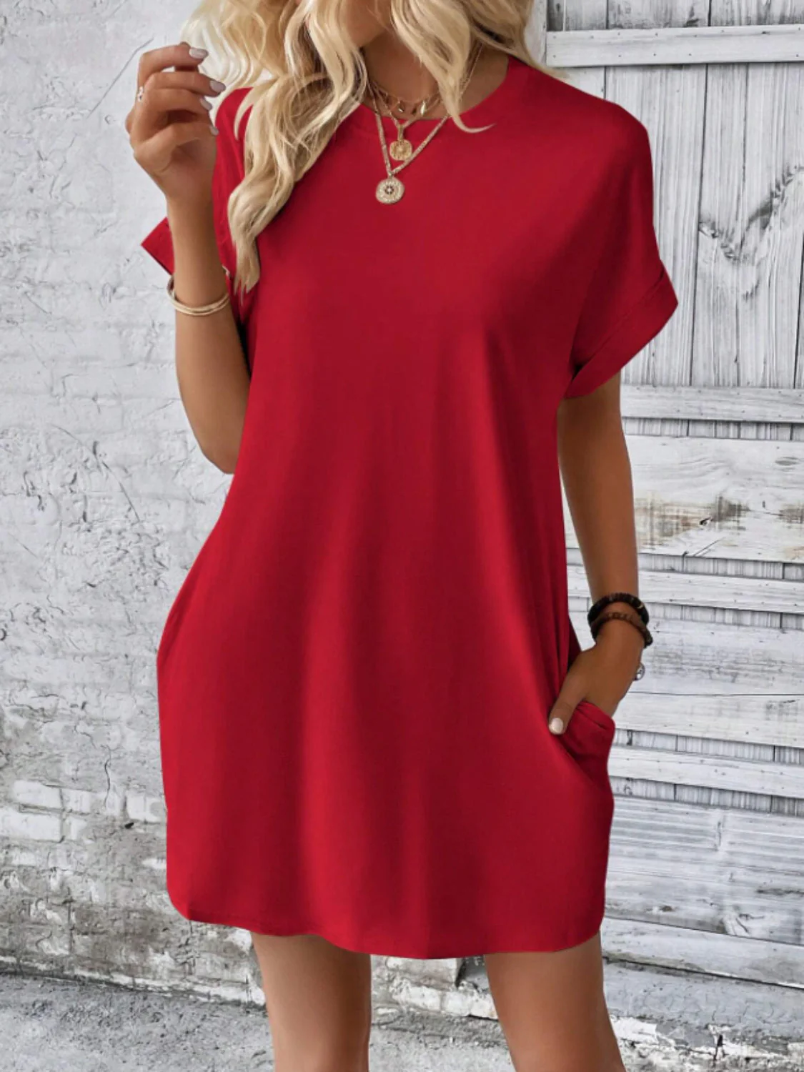 Round Neck Short Sleeve Mini Tee Dress with Pockets - Image 10