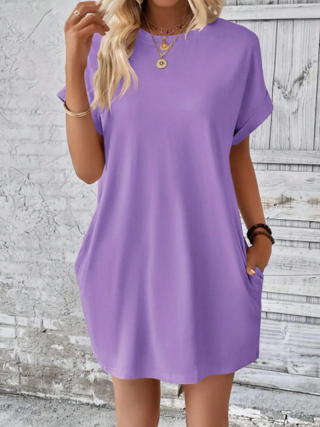 Round Neck Short Sleeve Mini Tee Dress with Pockets - Image 12