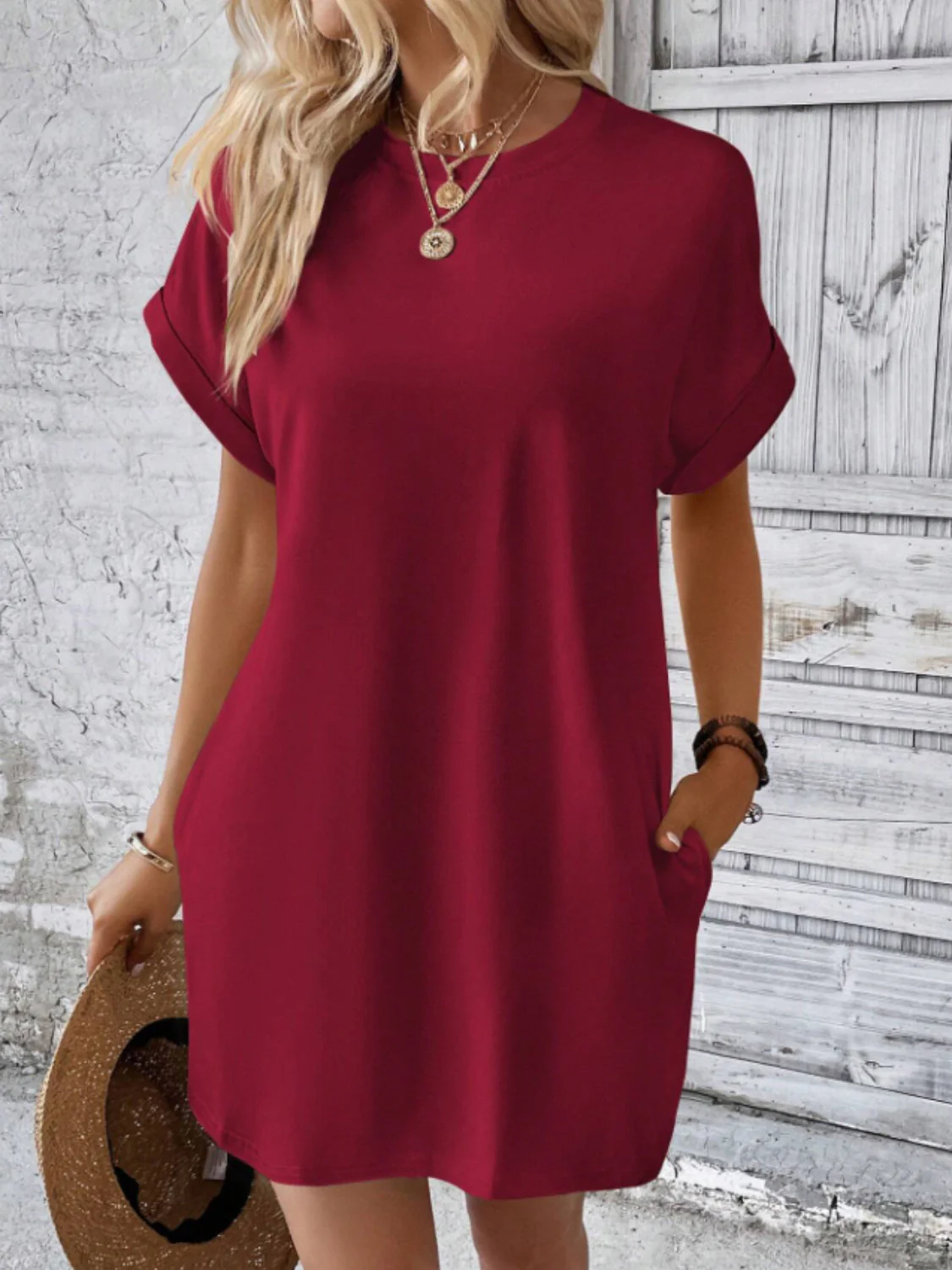 Round Neck Short Sleeve Mini Tee Dress with Pockets - Image 15