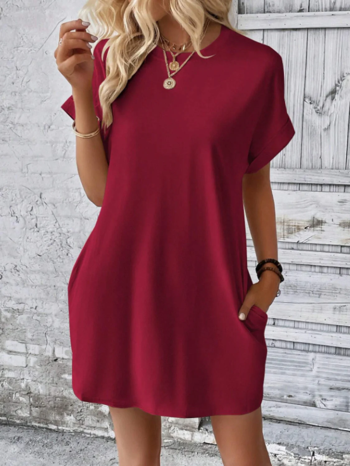 Round Neck Short Sleeve Mini Tee Dress with Pockets - Image 16