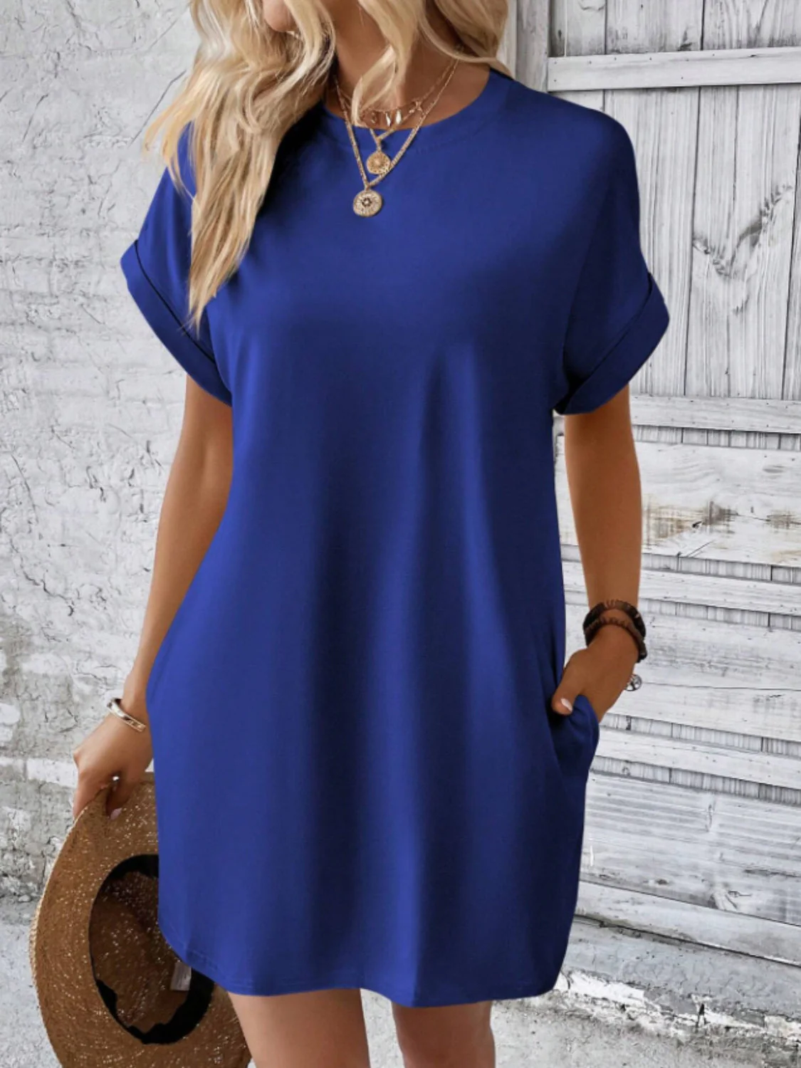 Round Neck Short Sleeve Mini Tee Dress with Pockets - Image 18