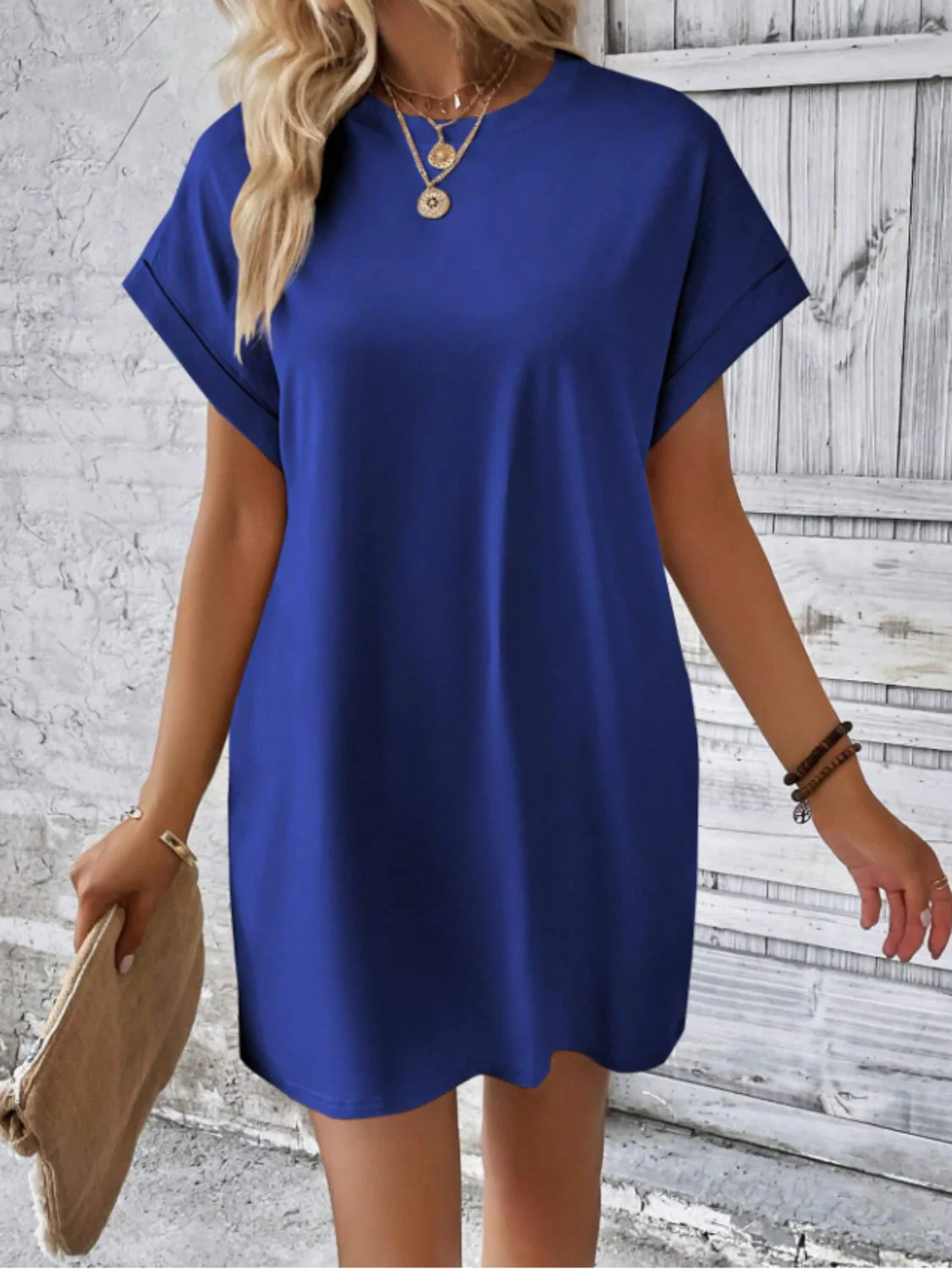 Round Neck Short Sleeve Mini Tee Dress with Pockets - Image 19