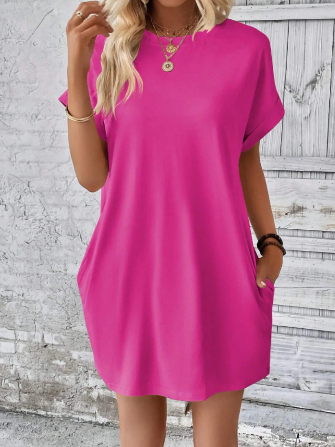 Round Neck Short Sleeve Mini Tee Dress with Pockets - Image 2