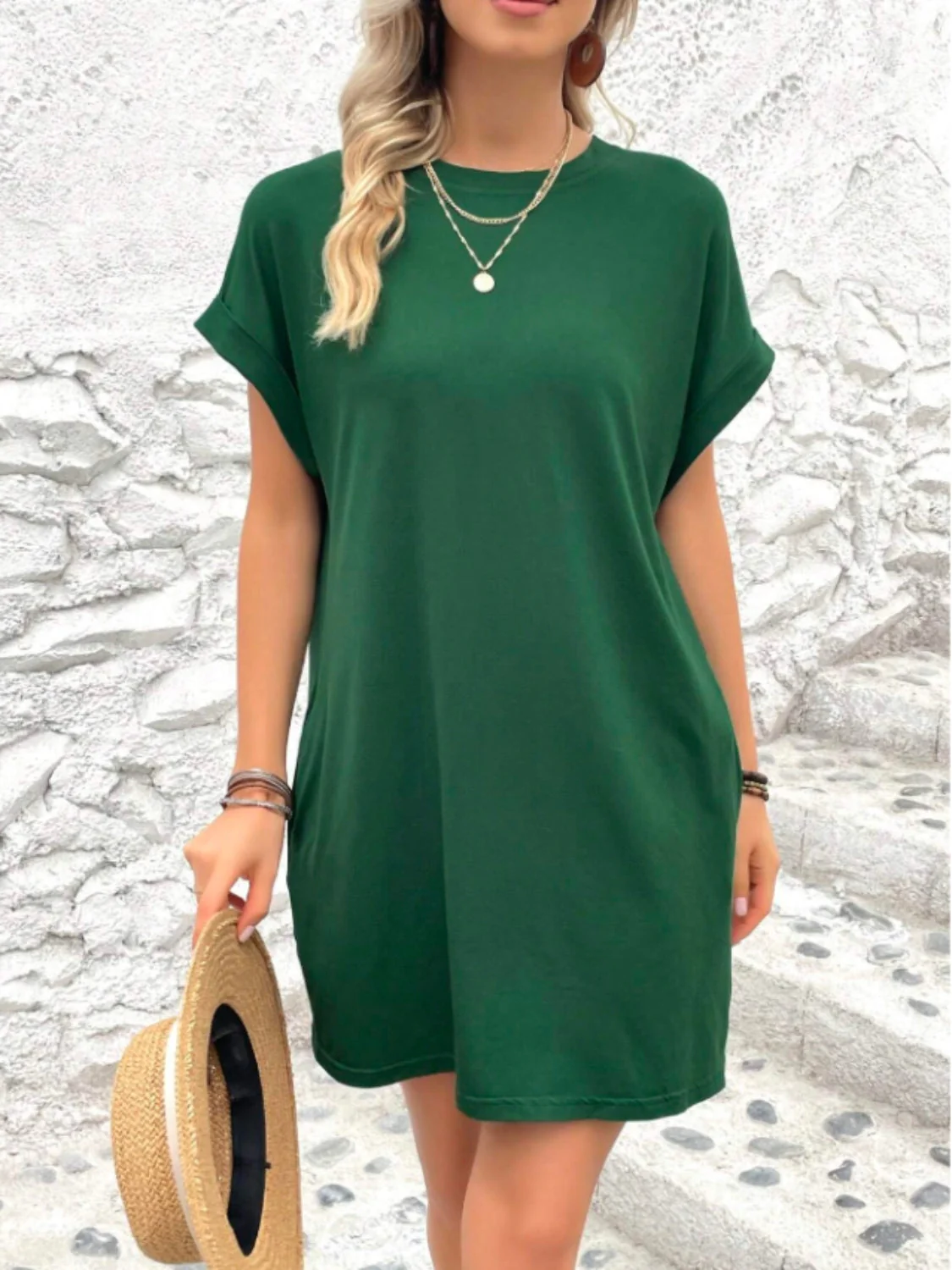 Round Neck Short Sleeve Mini Tee Dress with Pockets - Image 22