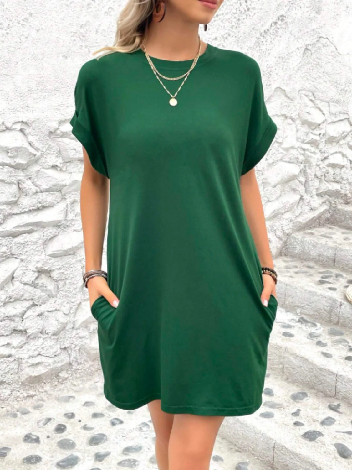 Round Neck Short Sleeve Mini Tee Dress with Pockets - Image 23