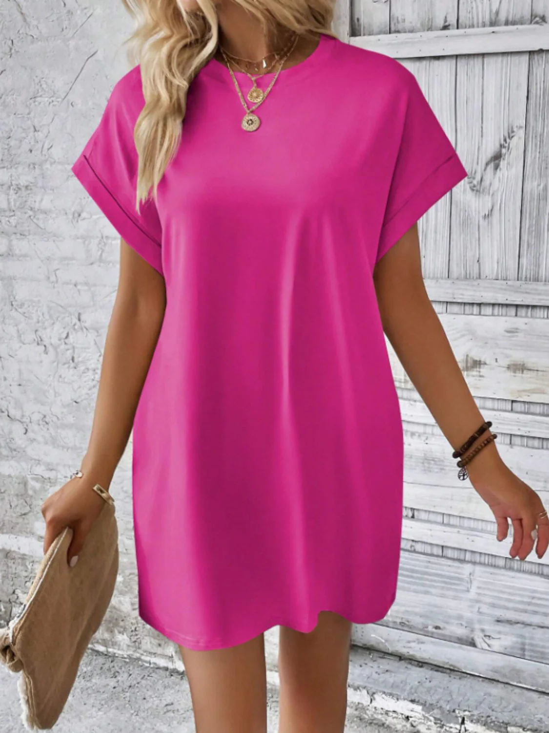 Round Neck Short Sleeve Mini Tee Dress with Pockets - Image 3