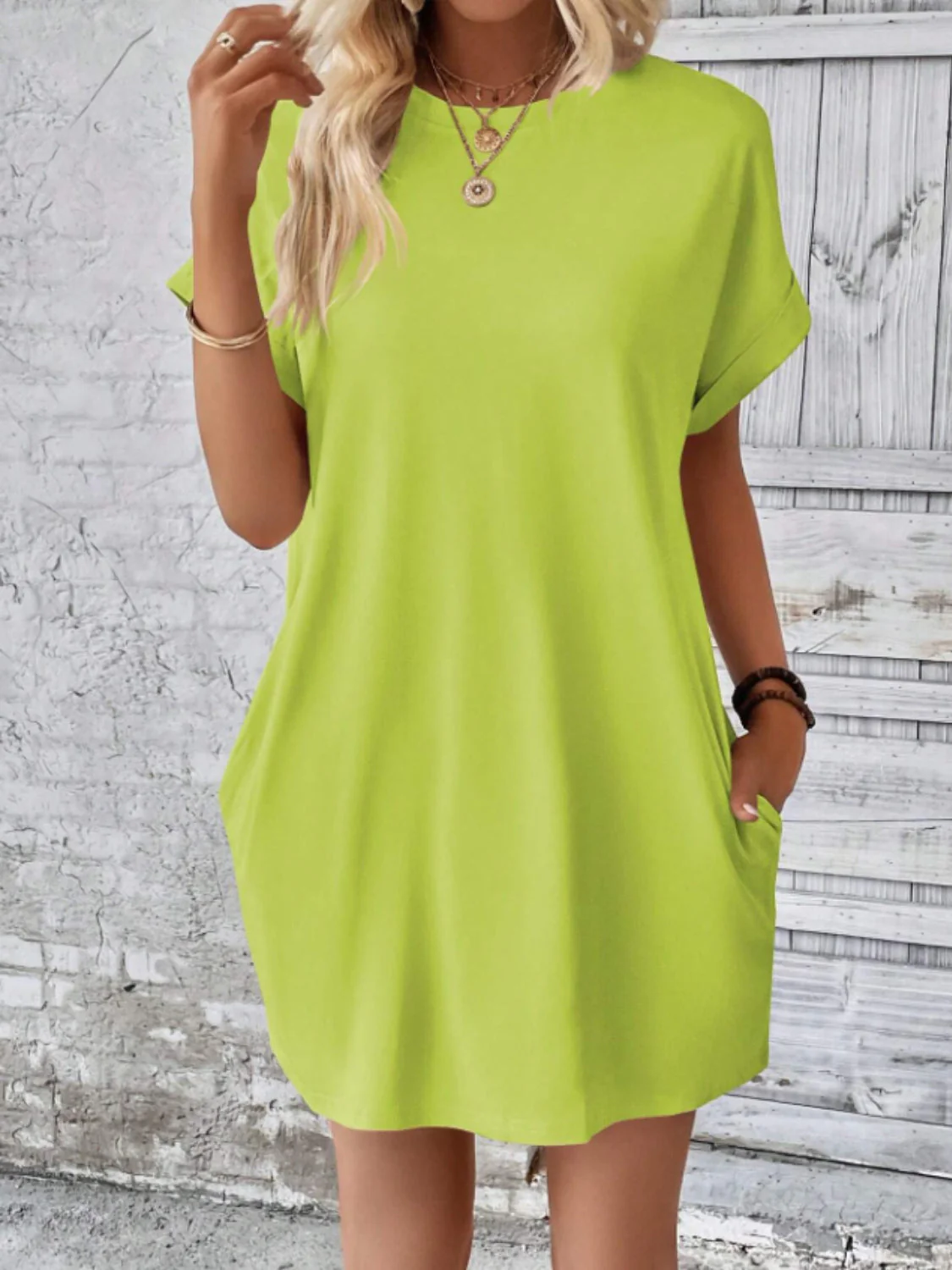 Round Neck Short Sleeve Mini Tee Dress with Pockets - Image 6