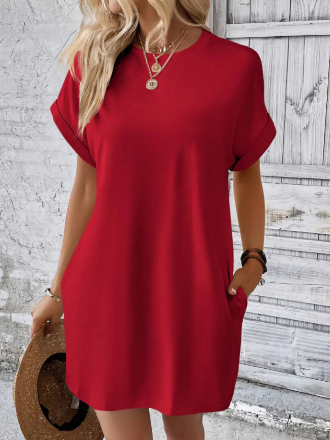 Round Neck Short Sleeve Mini Tee Dress with Pockets - Image 8