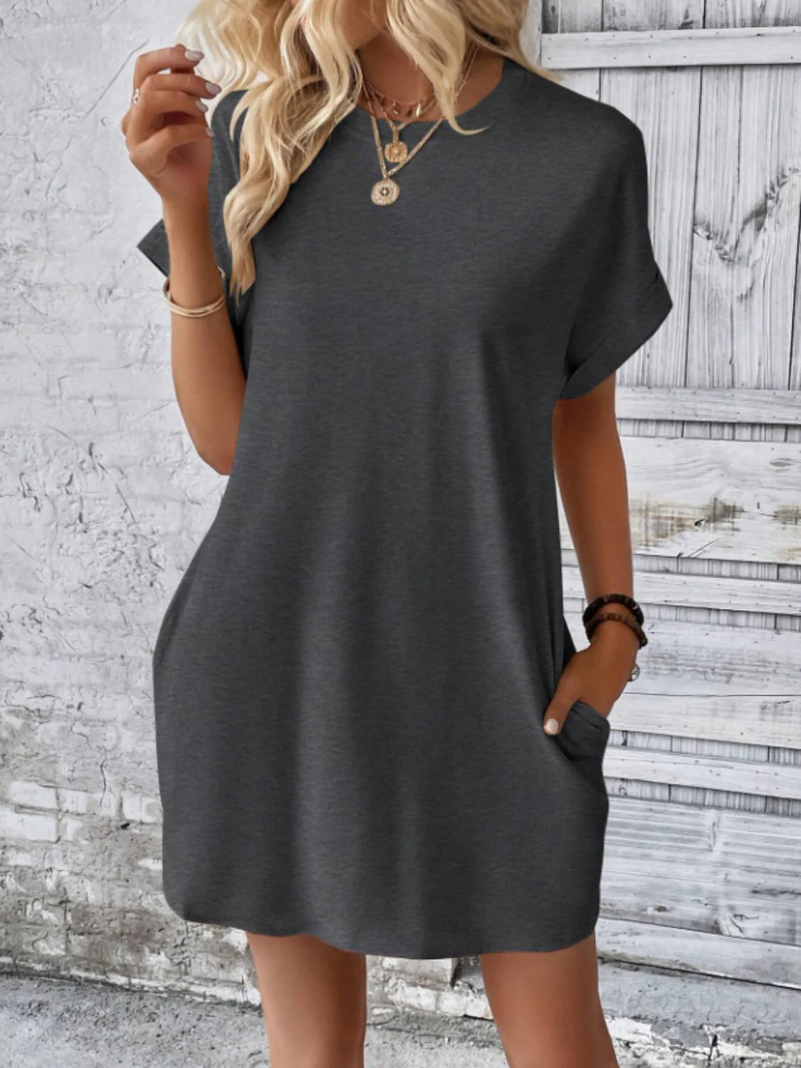 Round Neck Short Sleeve Mini Tee Dress with Pockets - Image 10