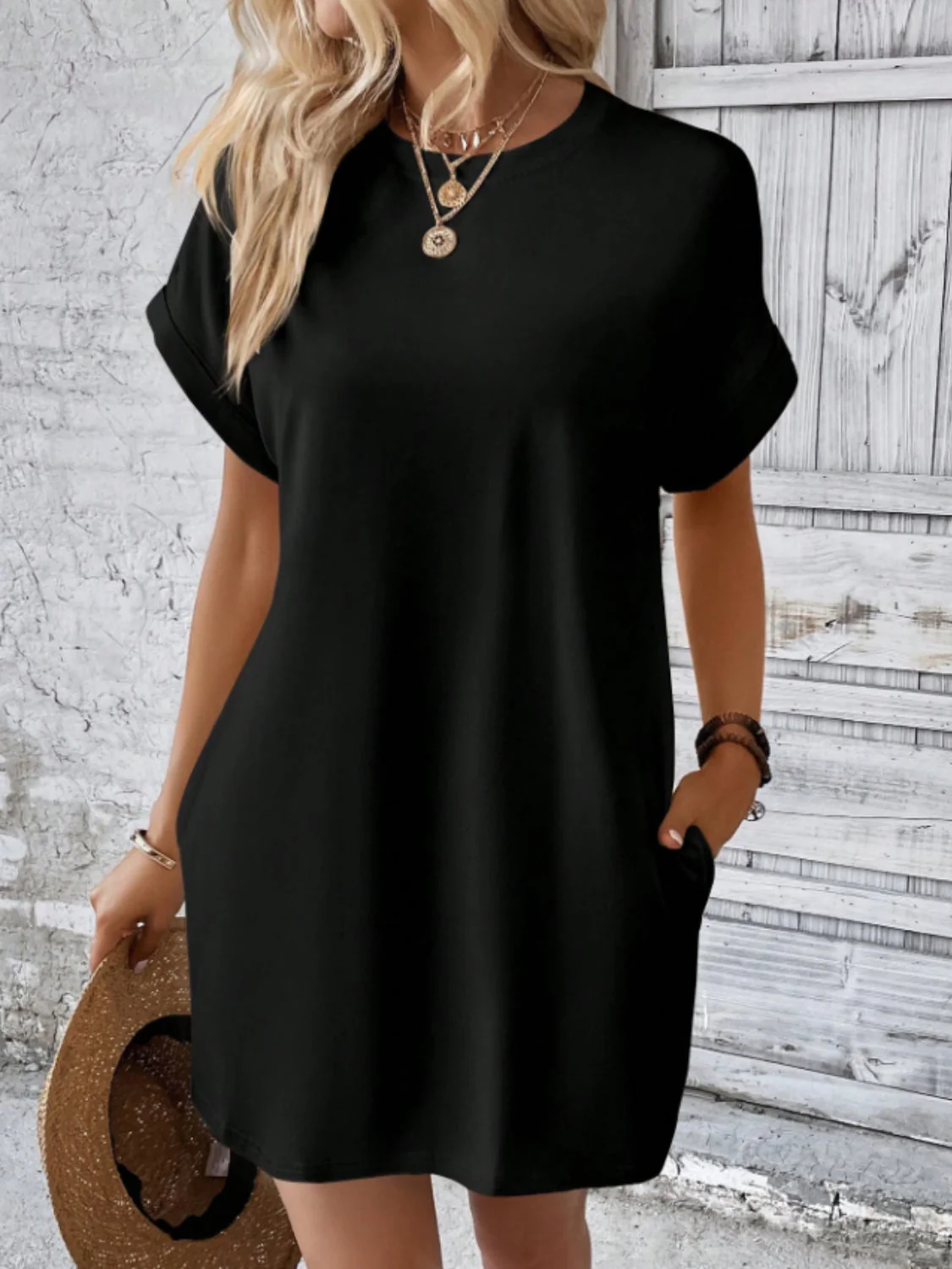 Round Neck Short Sleeve Mini Tee Dress with Pockets - Image 12