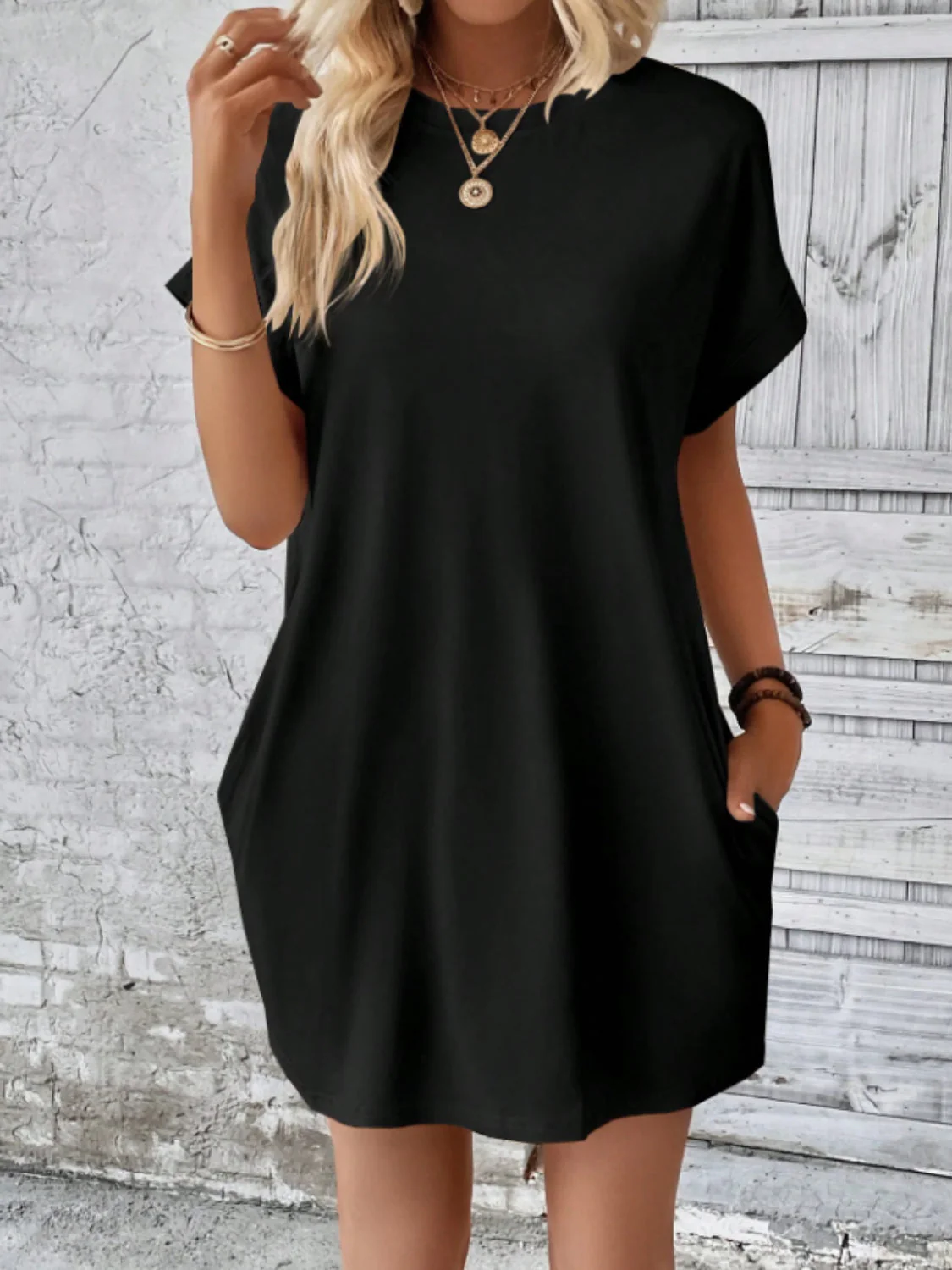 Round Neck Short Sleeve Mini Tee Dress with Pockets - Image 13