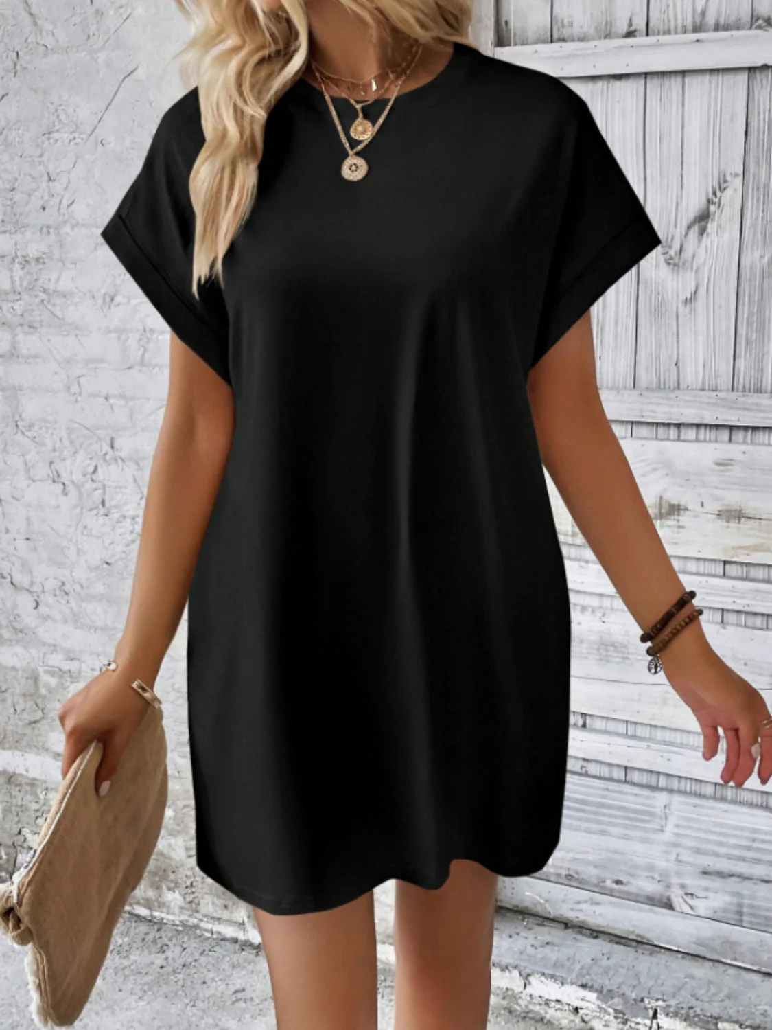 Round Neck Short Sleeve Mini Tee Dress with Pockets - Image 14