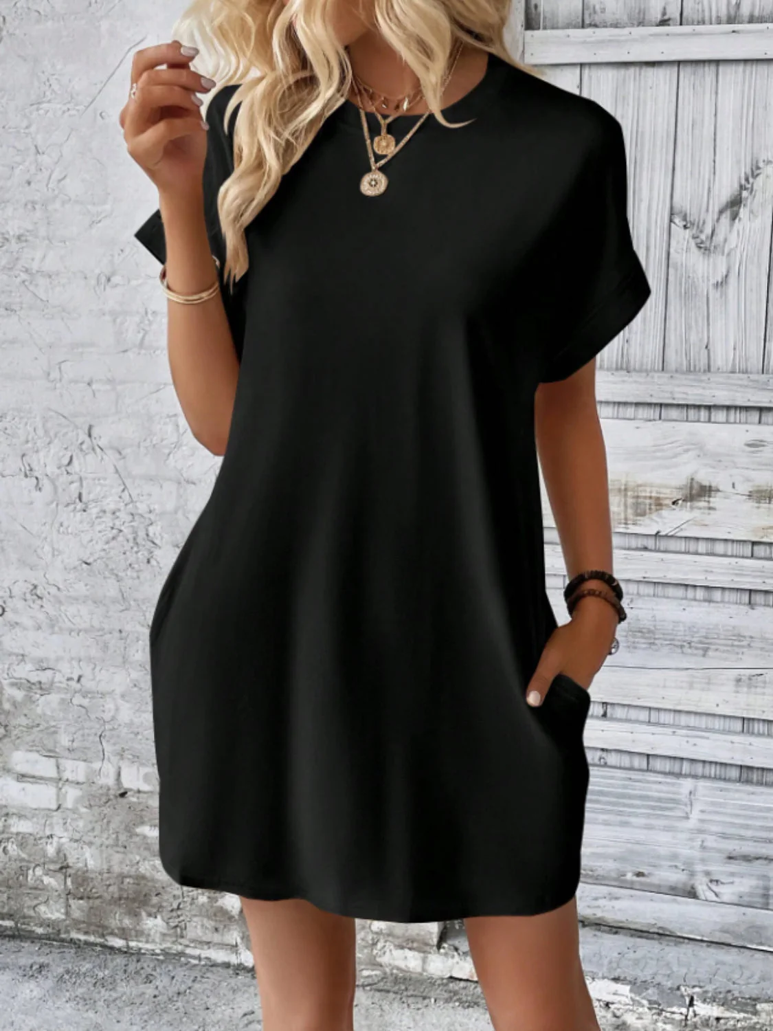 Round Neck Short Sleeve Mini Tee Dress with Pockets - Image 15