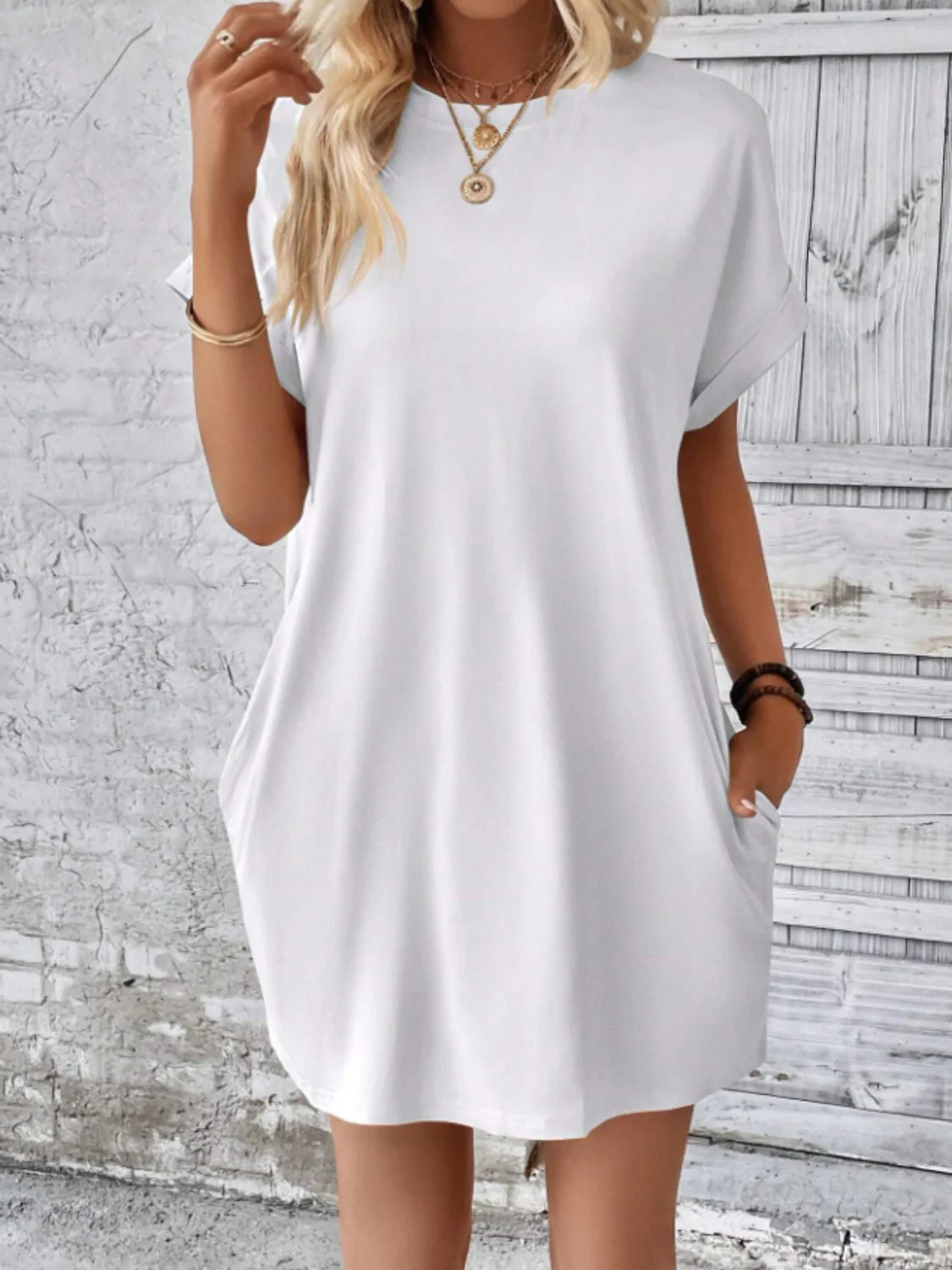 Round Neck Short Sleeve Mini Tee Dress with Pockets - Image 2
