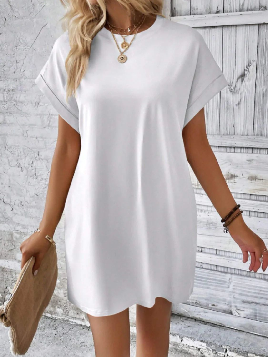 Round Neck Short Sleeve Mini Tee Dress with Pockets - Image 4
