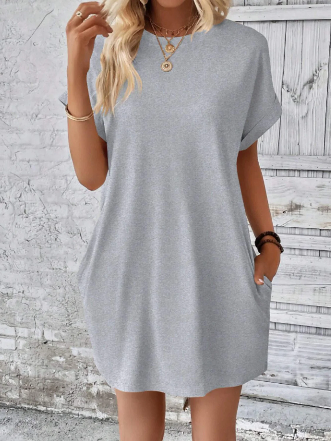Round Neck Short Sleeve Mini Tee Dress with Pockets - Image 6
