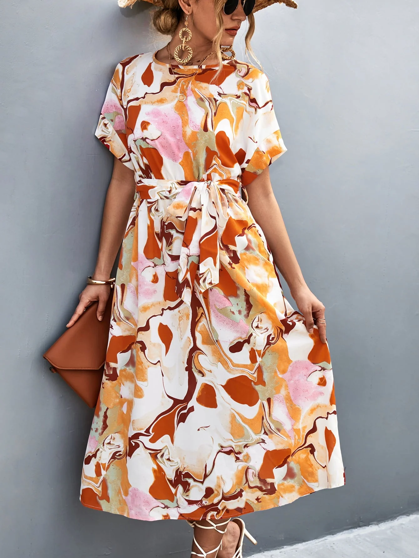 Round Neck Short Sleeve Tie Waist Midi Dress - Image 10