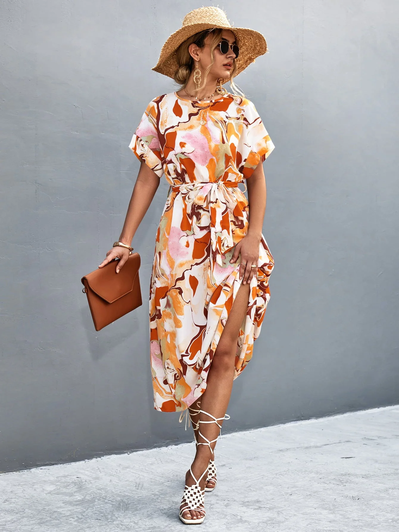 Round Neck Short Sleeve Tie Waist Midi Dress - Image 12