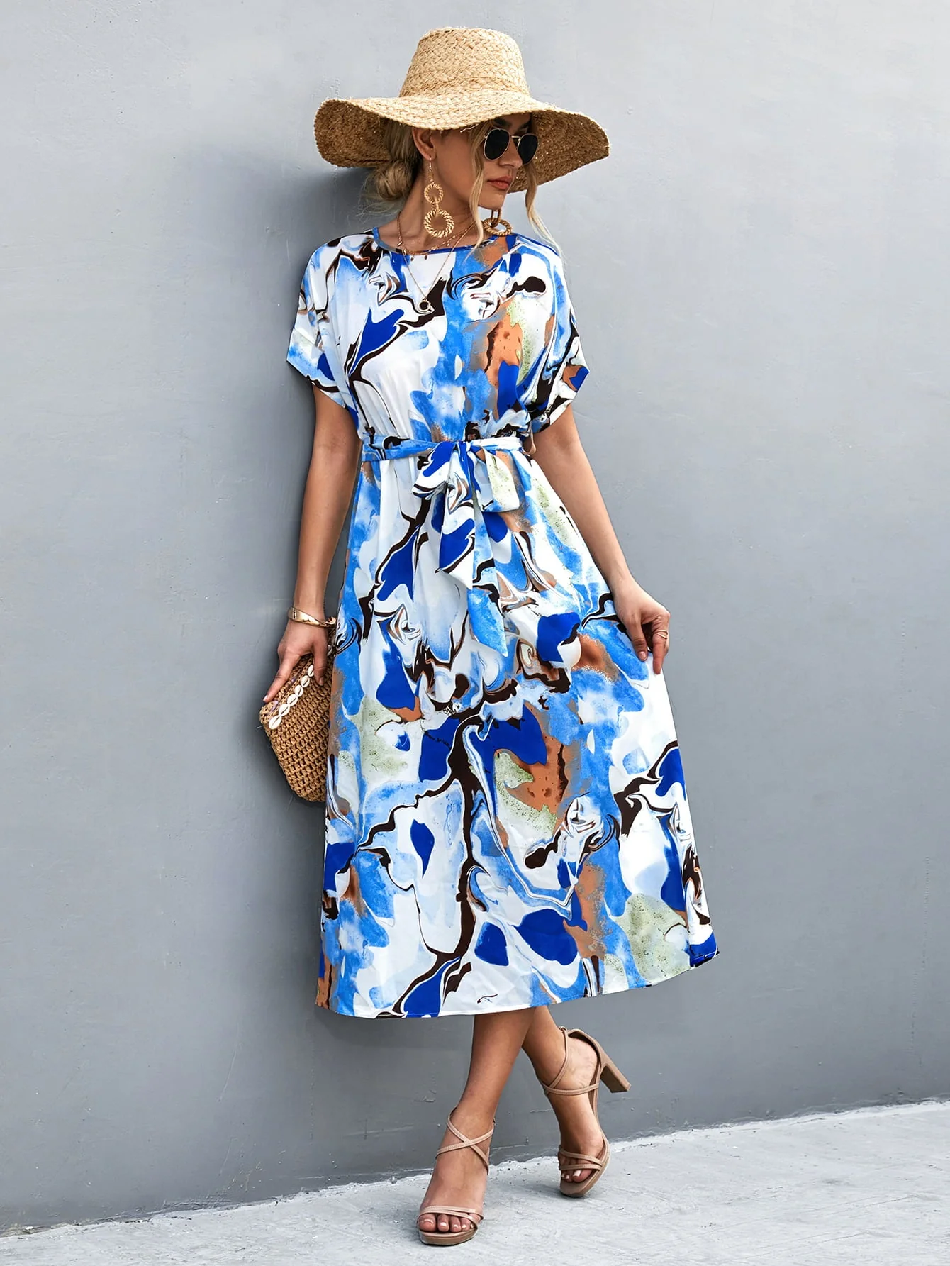 Round Neck Short Sleeve Tie Waist Midi Dress - Image 3