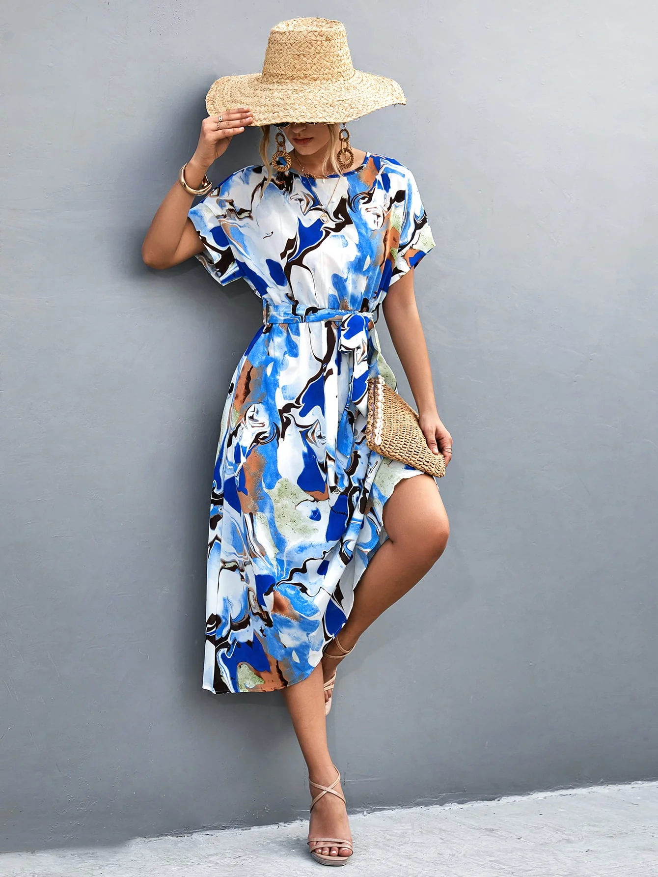 Round Neck Short Sleeve Tie Waist Midi Dress - Image 4