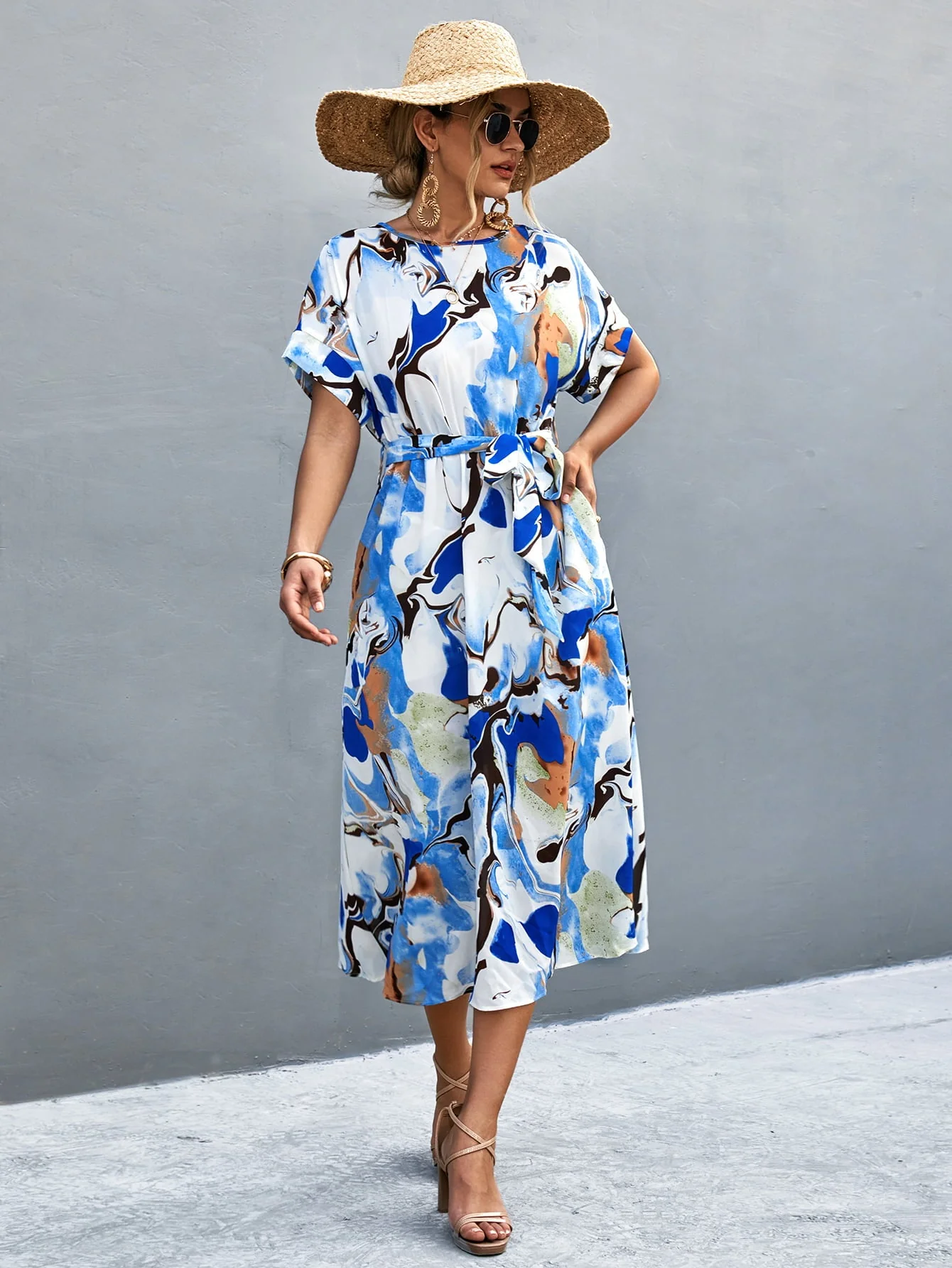 Round Neck Short Sleeve Tie Waist Midi Dress - Image 6