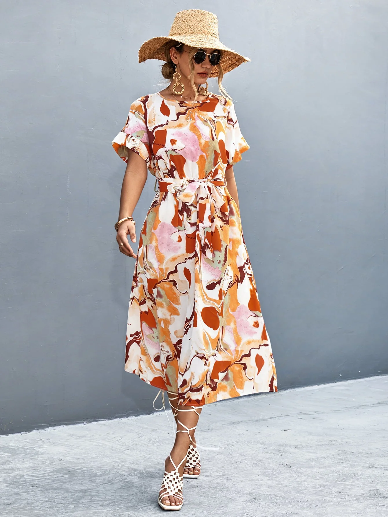 Round Neck Short Sleeve Tie Waist Midi Dress - Image 7