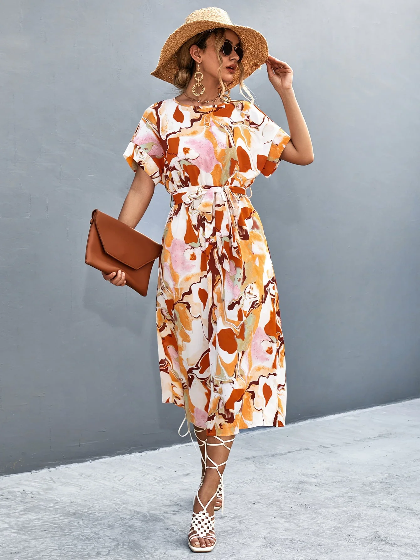 Round Neck Short Sleeve Tie Waist Midi Dress - Image 8
