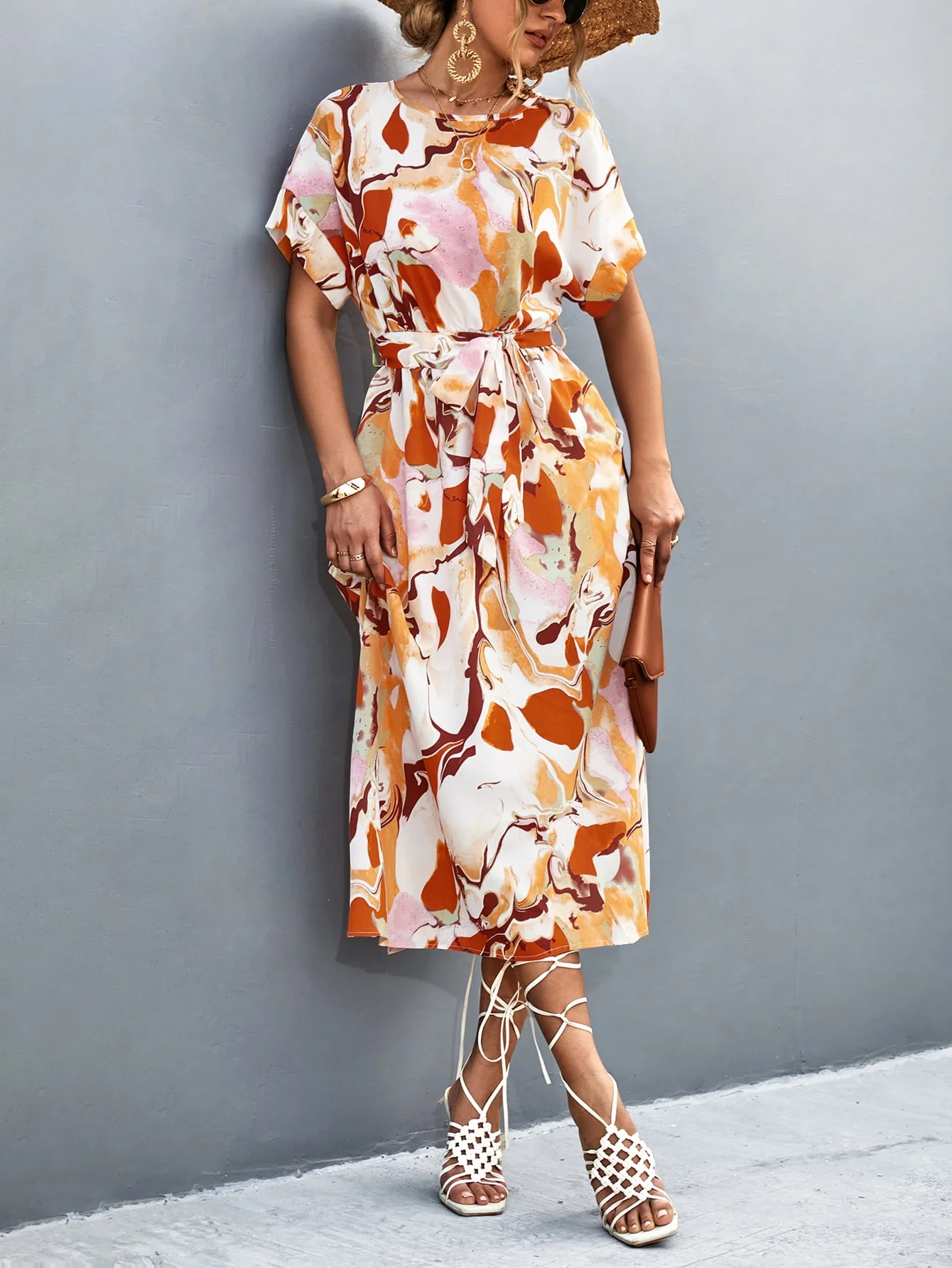 Round Neck Short Sleeve Tie Waist Midi Dress - Image 9