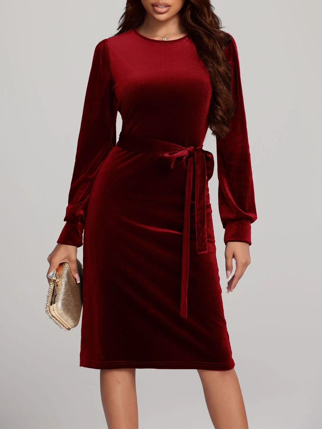 Round Neck Tie Waist Long Sleeve Velvet Dress - Image 16