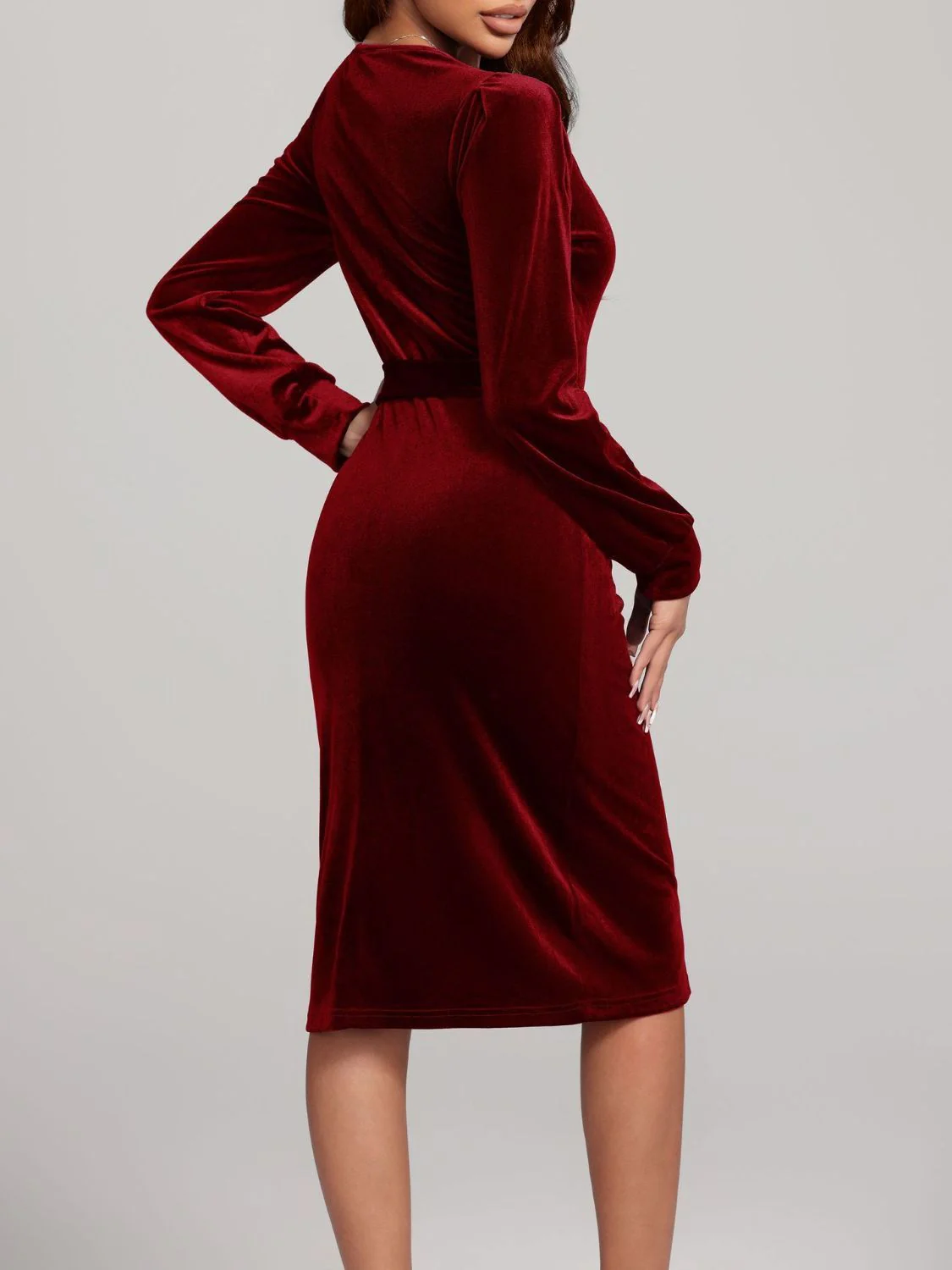 Round Neck Tie Waist Long Sleeve Velvet Dress - Image 18