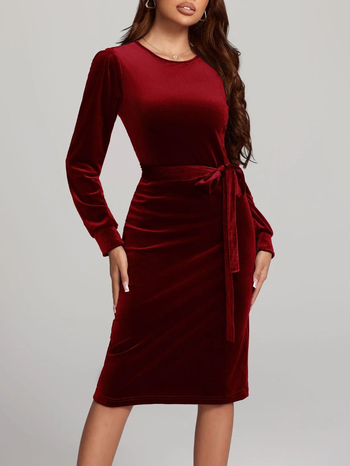 Round Neck Tie Waist Long Sleeve Velvet Dress - Image 19