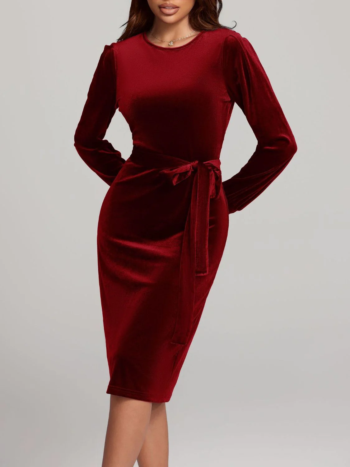 Round Neck Tie Waist Long Sleeve Velvet Dress - Image 20