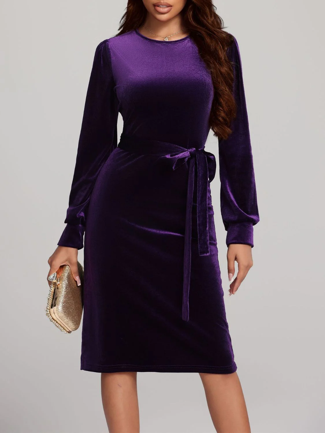 Round Neck Tie Waist Long Sleeve Velvet Dress - Image 6