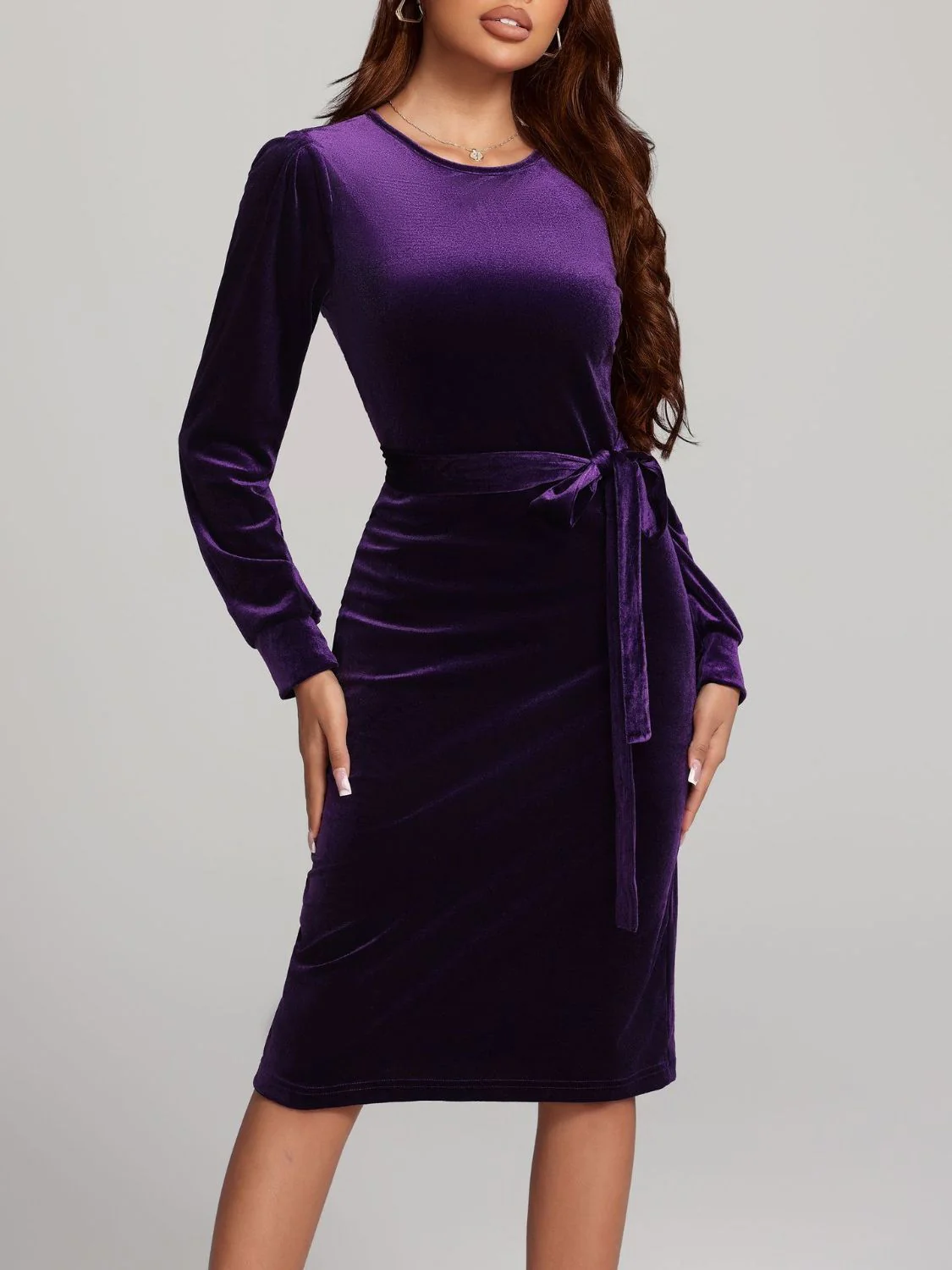 Round Neck Tie Waist Long Sleeve Velvet Dress - Image 7