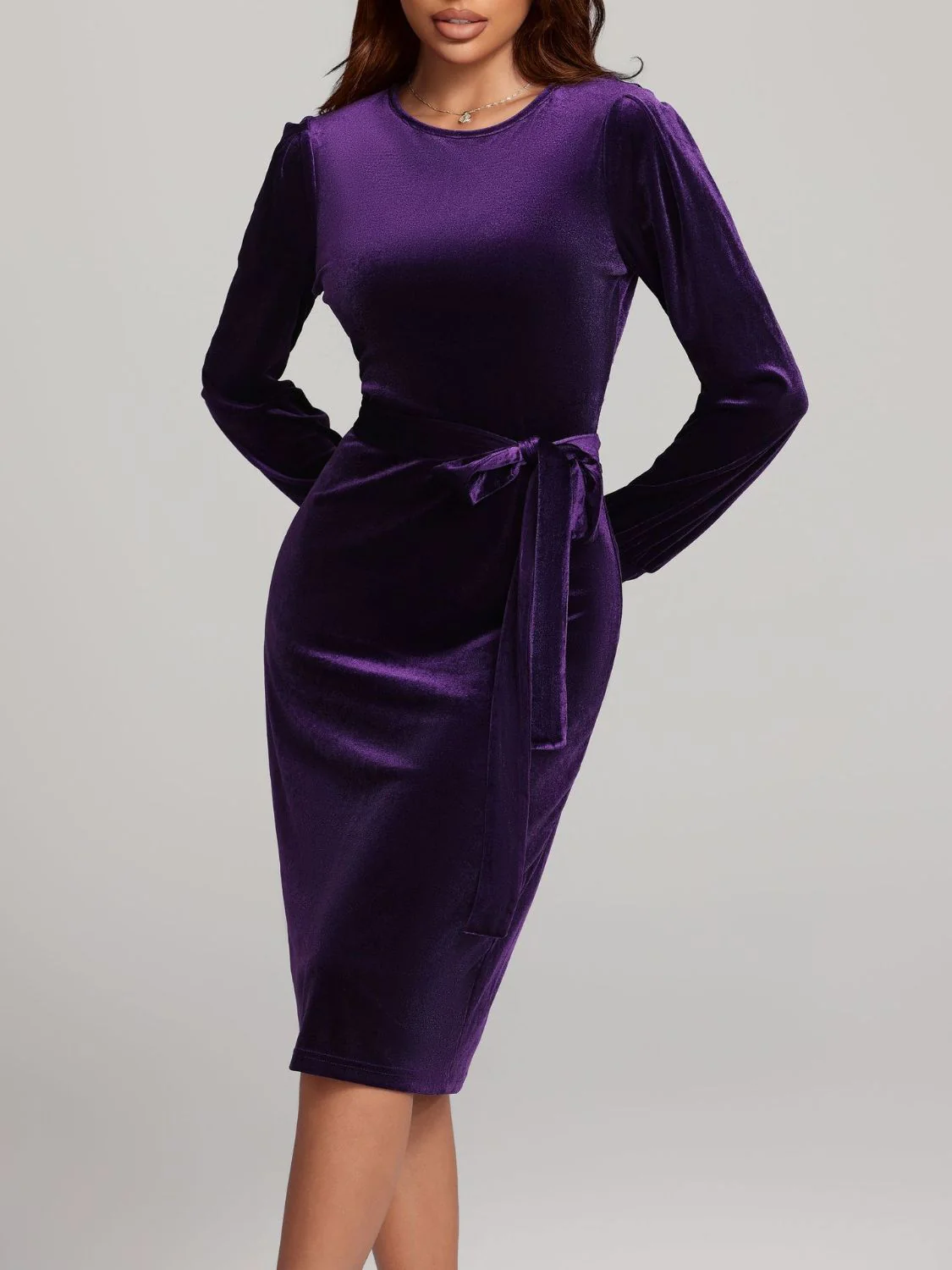 Round Neck Tie Waist Long Sleeve Velvet Dress - Image 8