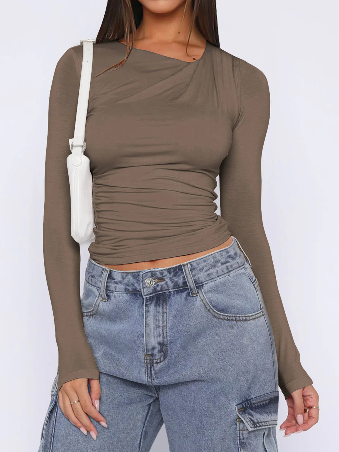 Ruched Asymmetrical Neck Long Sleeve T-Shirt - Image 10