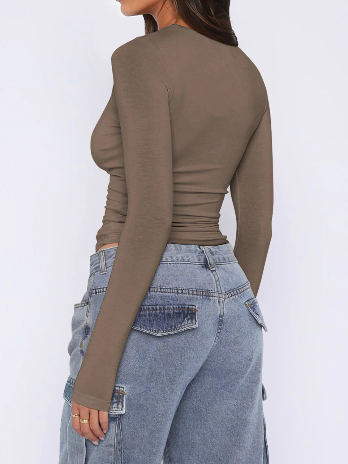 Ruched Asymmetrical Neck Long Sleeve T-Shirt - Image 11