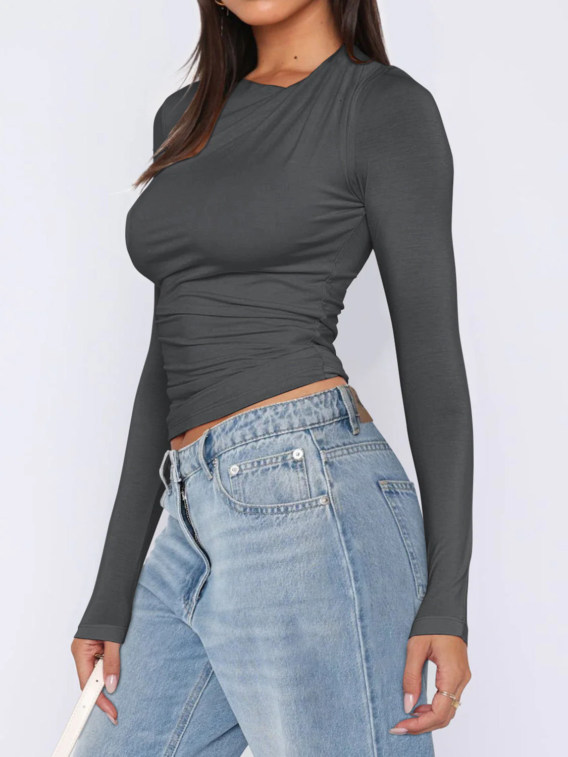 Ruched Asymmetrical Neck Long Sleeve T-Shirt - Image 13