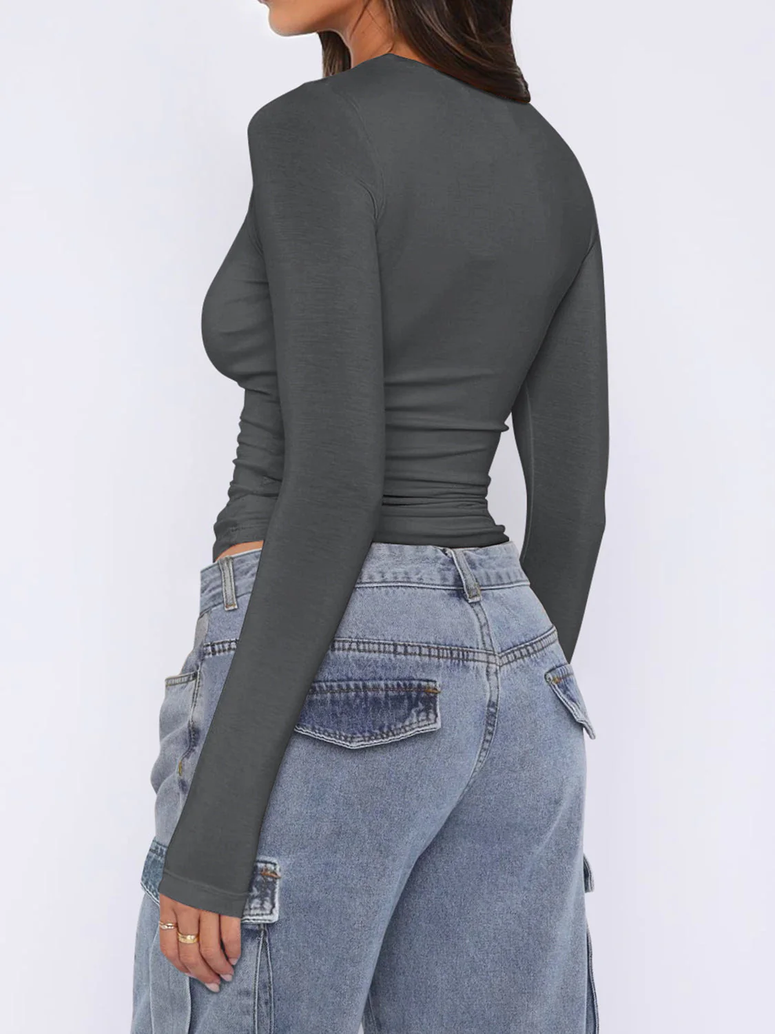 Ruched Asymmetrical Neck Long Sleeve T-Shirt - Image 14