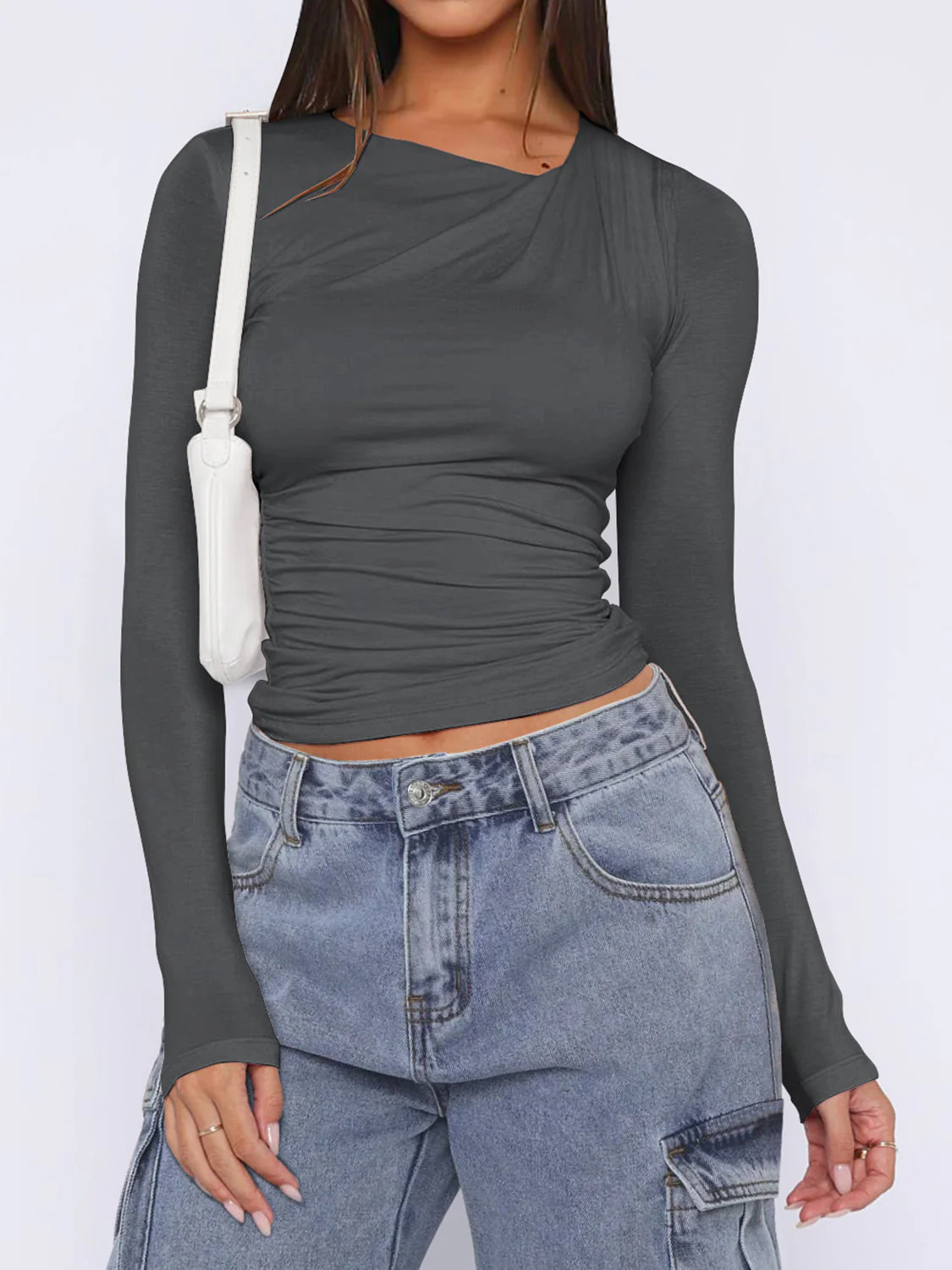 Ruched Asymmetrical Neck Long Sleeve T-Shirt - Image 15