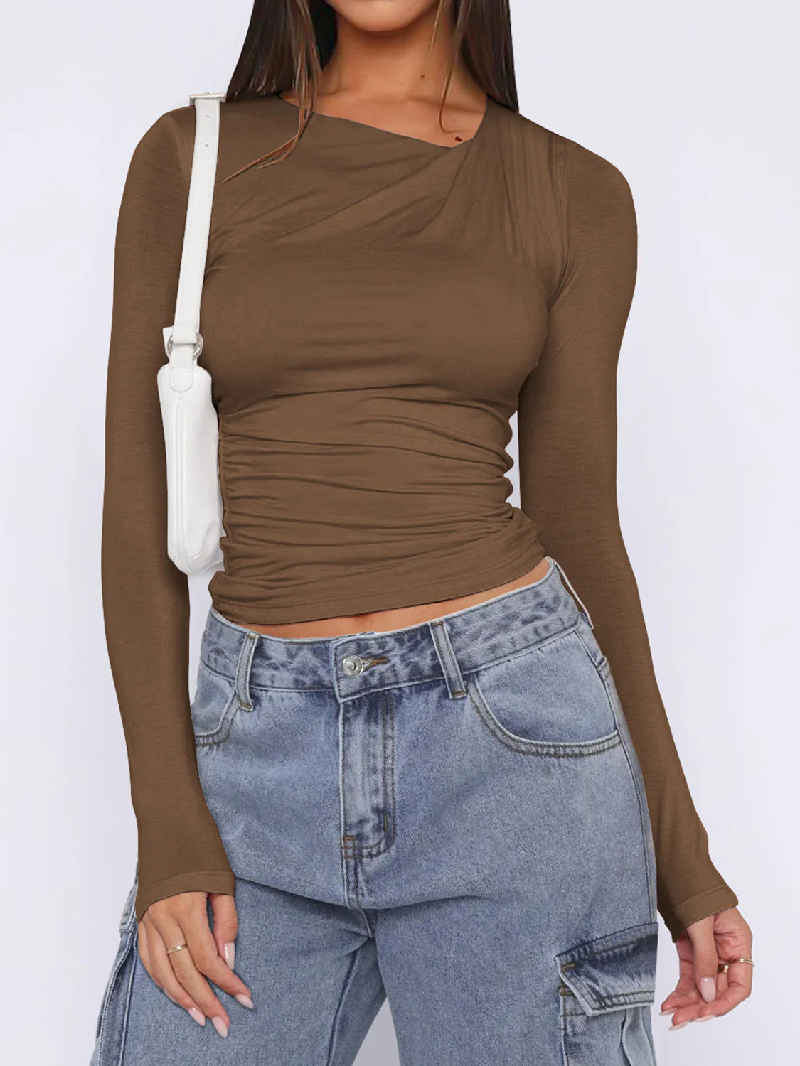 Ruched Asymmetrical Neck Long Sleeve T-Shirt - Image 18